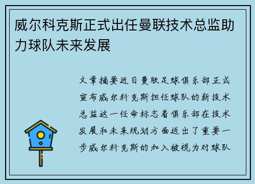 威尔科克斯正式出任曼联技术总监助力球队未来发展 威尔科克斯正式出任曼联技术总监助力球队未来发展