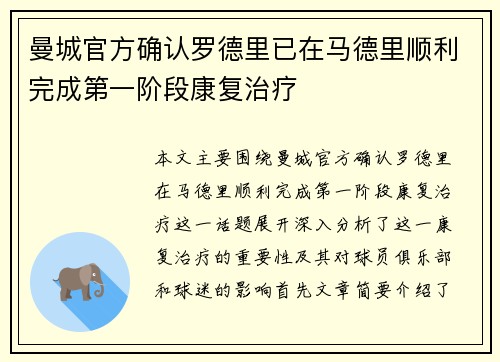 曼城官方确认罗德里已在马德里顺利完成第一阶段康复治疗 曼城官方确认罗德里已在马德里顺利完成第一阶段康复治疗